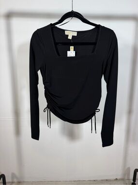 Michael Kors Black Square-Neck Long Sleeve Ruched Side Top